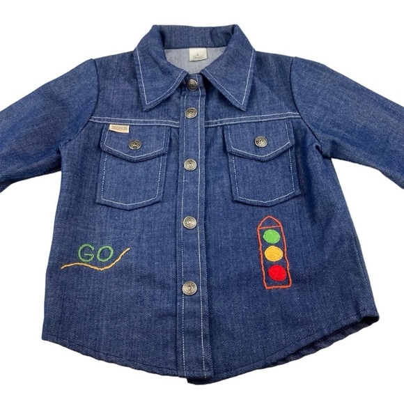 Vintage 70s Sears Toughskins Dark Denim Snap Work Shirt Embroidered Sz 6 Small - Picture 15 of 15